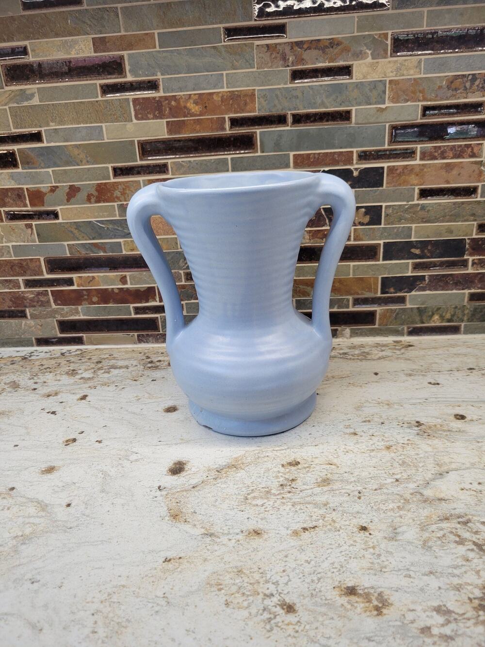 Vintage Haeger Vase, Blue Ribbed Pottery Double Handle